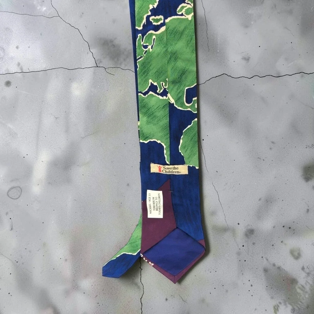 VTG Save the Children Silk Tie World Map Stars Michael Age 13 Blue Purple Mens